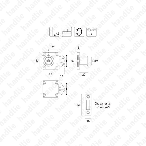 F.202.A with hooks - Rim lock with cylinder and hooks for cabinets with sliding doors