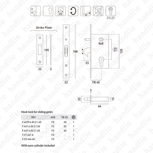 F.447P.4.03 - Mortise lock with strong rising hook for euro cylinder