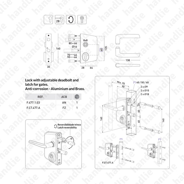 F.477.1.03 - Lock with adjustable latch and deadbolt - Stainless