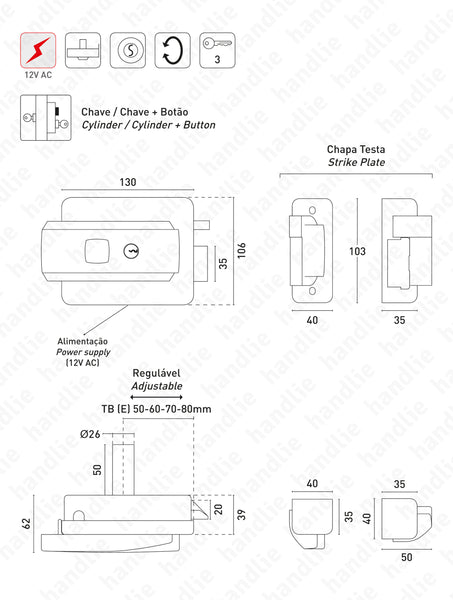 F.52N - MULTIFUNCTIONAL Electric rim lock - KEY/KEY - KEY/BUTTON - KEY/KEY+BUTTON