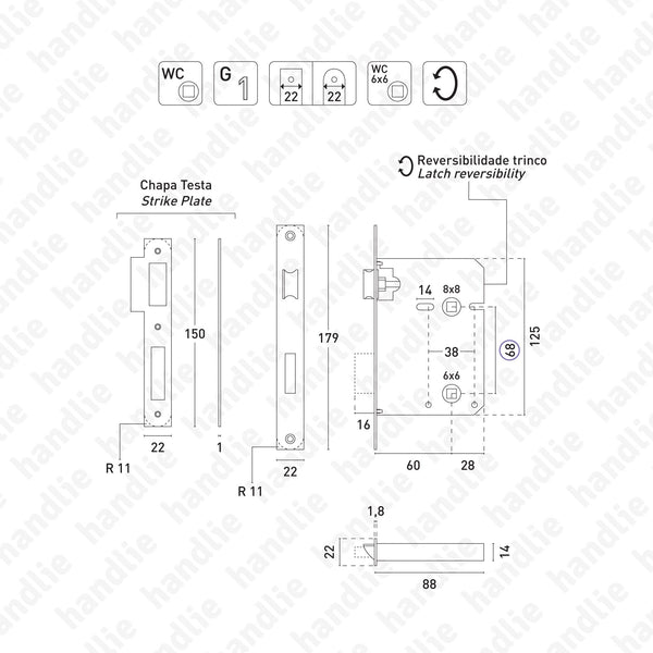F.716.1.02 - Bathroom mortise lock- Square faceplate - Stainless steel / Brass