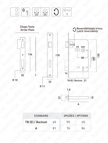F.719.1.01 - Mortise lock with key - Square faceplate - Stainless Steel