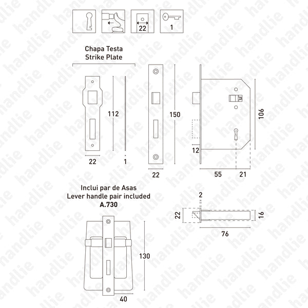 F.730 with piston - Mortise lock with piston and key + Pull handles - STAINLESS STEEL