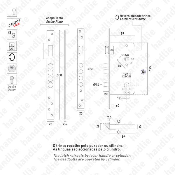 F.750.1.03 - Security mortise lock (1 locking point) for euro cylinder - STAINLESS STEEL