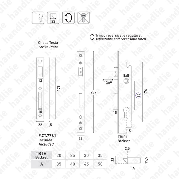 F.779.1.03 - Mortise lock for euro cylinder - Stainless steel