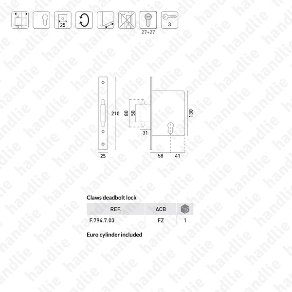 F.794.7.03 - Mortise lock with strong sliding deadbolt with hooks for euro cylinder