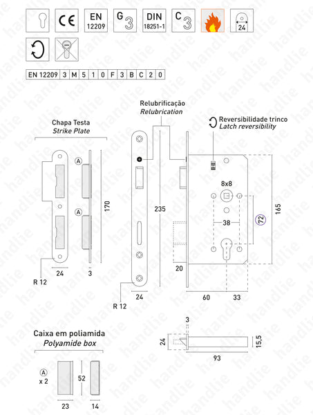 F.850.1.03.R - Mortise lock for euro cylinder - STAINLESS STEEL