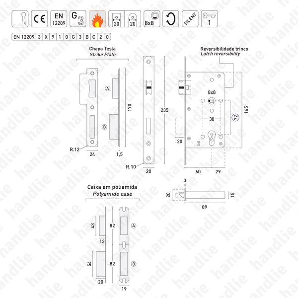 F.880.1.01 - Mortise lock with key - Stainless Steel
