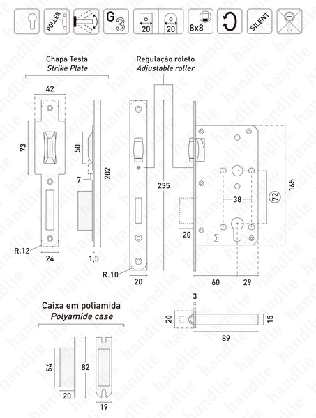 F.880.5.03 With Roller- Mortise lock Euro Cylinder - Stainless Steel