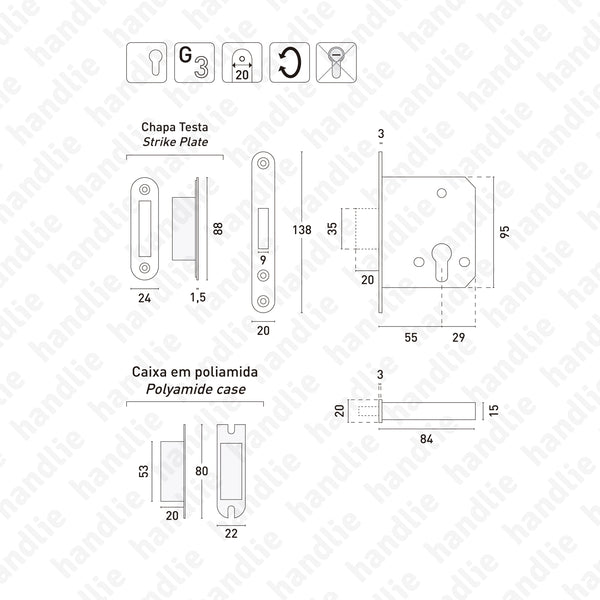 F.892.6.03.R - Mortise lock Euro Cylinder - Stainless Steel