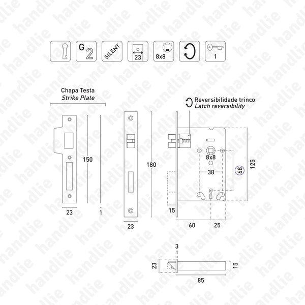 IN.20.916 - Mortise lock with key - Stainless Steel