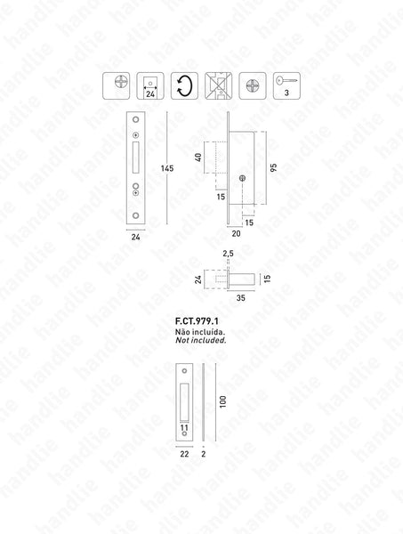 F.979.6.05 - Mortise lock with cross key cylinder - Stainless Steel