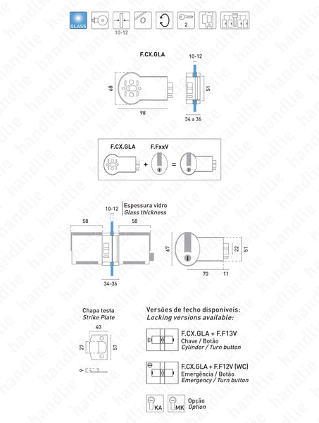 F.CX.GLA - Latch with adjustable case for glass doors - Premi apri Forma Series