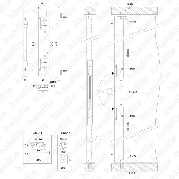 FX.942 - Vertical flush bolt, M10 - STAINLESS STEEL