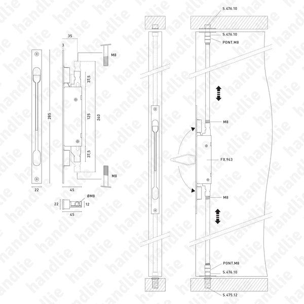 FX.943 - Lever action flush bolt, M8 - STAINLESS STEEL