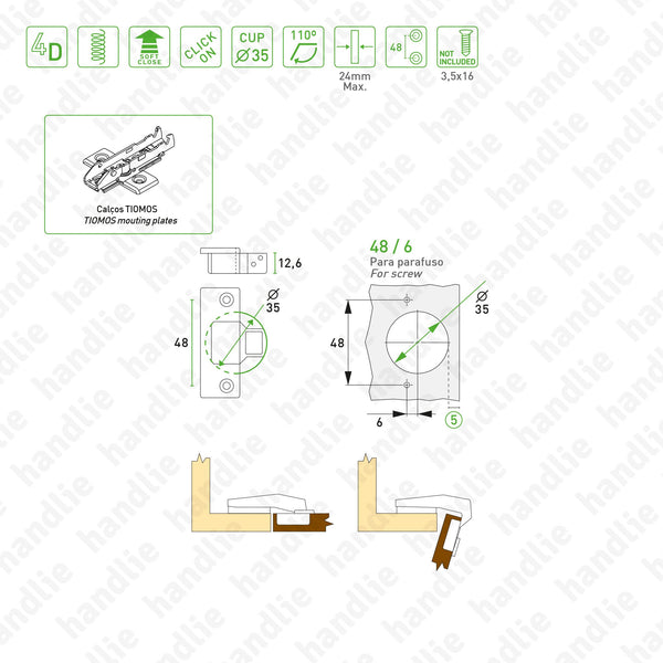 D.GRA.F028.138.900 - "TIOMOS" hinge, +90º / 110º - With soft-close - 4D Adjustment | GRASS