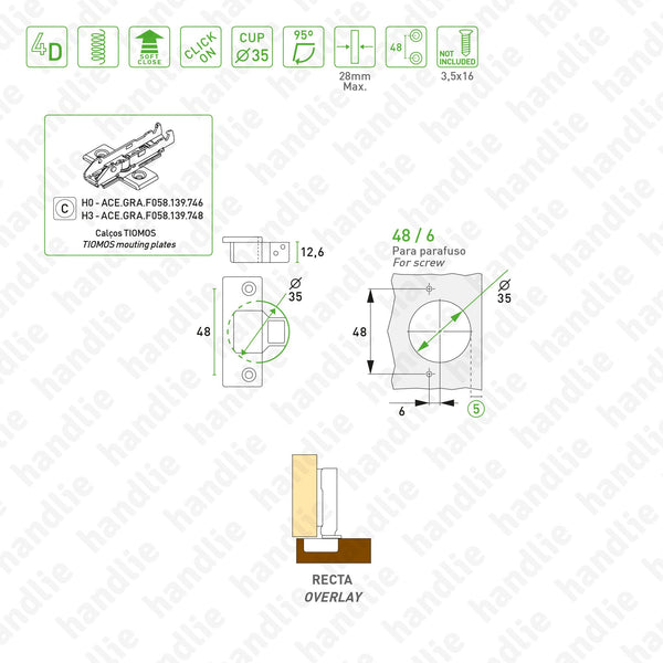 D.GRA.F028.138.932 - "TIOMOS" hinge, 95º - With soft-close - 4D Adjustment | GRASS