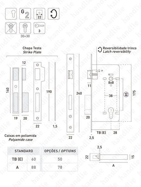 IN.20.792 - Mortise lock for euro cylinder - Stainless Steel
