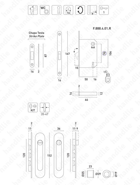 KIT F.10 - Lock Kit with oval flush handles with Knob+ Emergency release