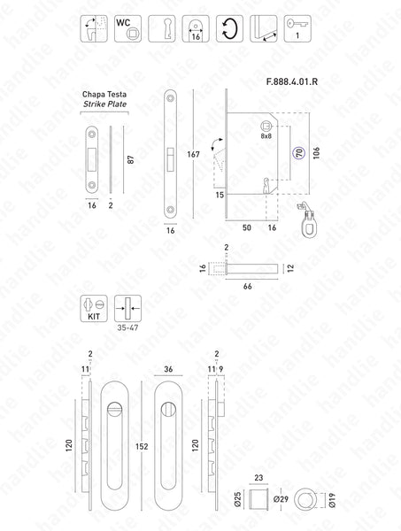KIT F.10 - Lock Kit with oval flush handles with Knob + Emergency release - Matt Black