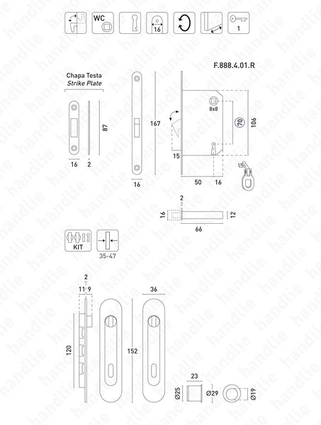 KIT F.11 - Lock Kit with oval flush handles with Knob+ Knob and key