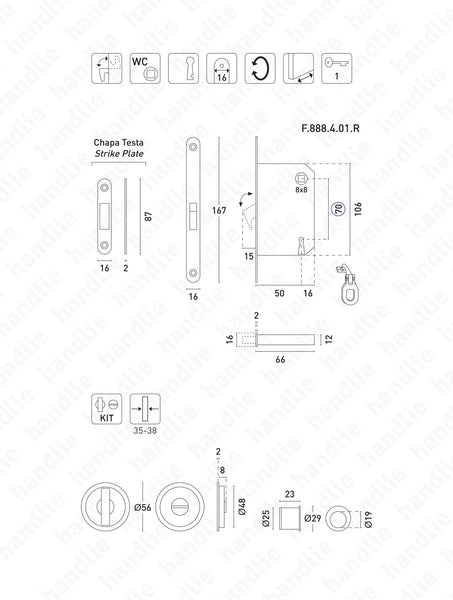 KIT F.30 - Lock Kit with flush handles with Knob + Emergency Release