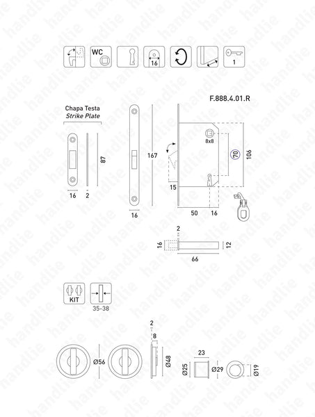 KIT F.32 - Lock Kit with flush handles with Knob + Knob
