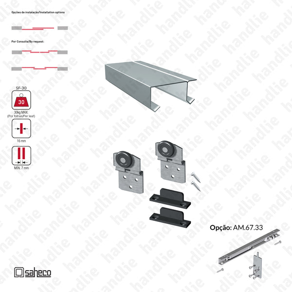 Suspensa Timber SF-30 - Sliding door system for wooden furniture and wardrobes / Hanging - Up to 30Kg per leaf / With softbrake | SAHECO