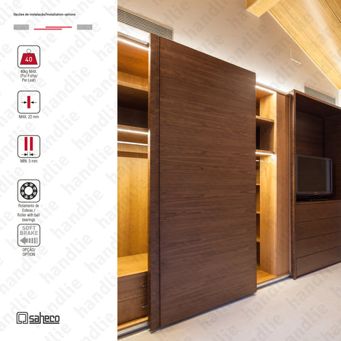 Front Timber SF-F40 - 2 LEAVES - Sliding door system for wooden furniture and wardrobes / Hanging - Up to 40Kg per leaf | SAHECO