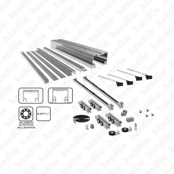 KIT SV-T-PRO X110 Multiplo Compact Glass - Complete kit for passage sliding glass doors + DOUBLE SOFTPRO for 12mm doors up to 110kg | SAHECO