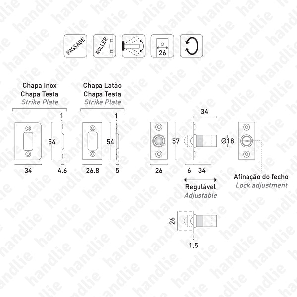 T.413.5.00 with sphere - Tubular passage latch with sphere roller - Stainless Steel / Brass